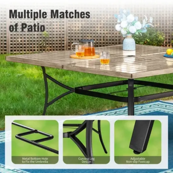 Captiva Designs 9pc Spacious Slat-top Square Metal Table with Umbrella Hole & Brown Textilene Fixed Chairs image {12}