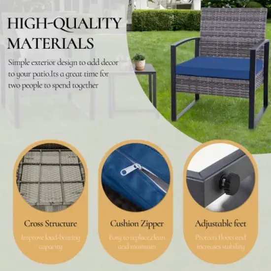 JUJABU 3 Piece Gray Wicker Outdoor Furniture Set with Cushions and Coffee Table image {6}