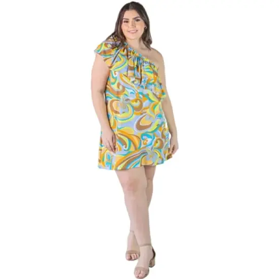 Plus Size Single Shoulder Floral Print And Ruffles Mini Dress image {4}