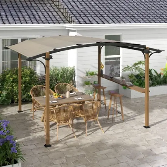 Outsunny 12' x 10' Outdoor Pergola with Bar Counter, Sun Shade Canopy, Aluminum and Steel Frame for Garden, Lawn, Backyard, and Deck, Natural image {1}