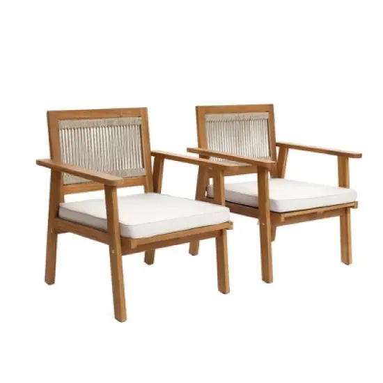 LuxenHome Outdoor Acacia Wood Rope Back Armchairs with Cushions, Set of 2 image {8}