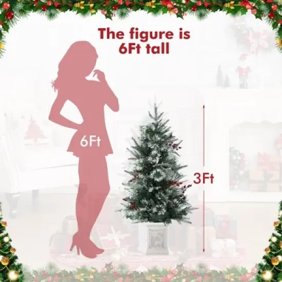 Homhougo 3FT Snow Flocked Mini Christmas Tree with Berry Clusters and Potted Base, Ideal for Table or Front Porch Use image {2}