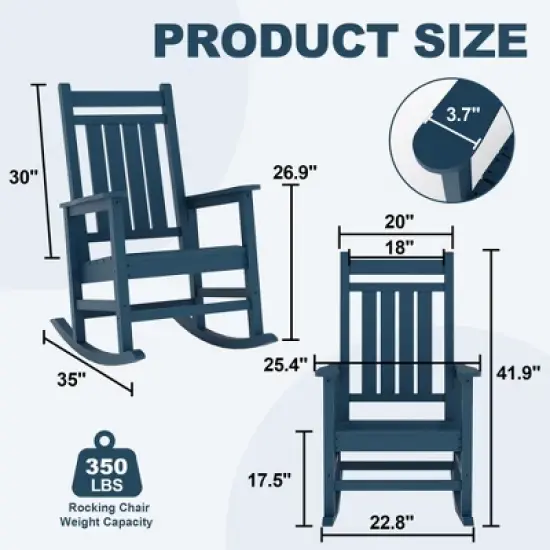 Outdoor HDPE Rocking Chairs &ndash; Oversized All-Weather Patio Rockers &ndash; Heavy Duty 350lb Capacity, Anti-Rollover Design (Blue) image {2}