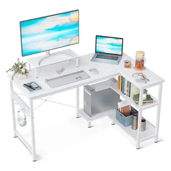 ODK 47 Inch Compact L Shaped Desk for Apartment, Living Room, Bedroom, or Office with Storage Shelves, Headphone Hook, and Monitor Stand image {5}