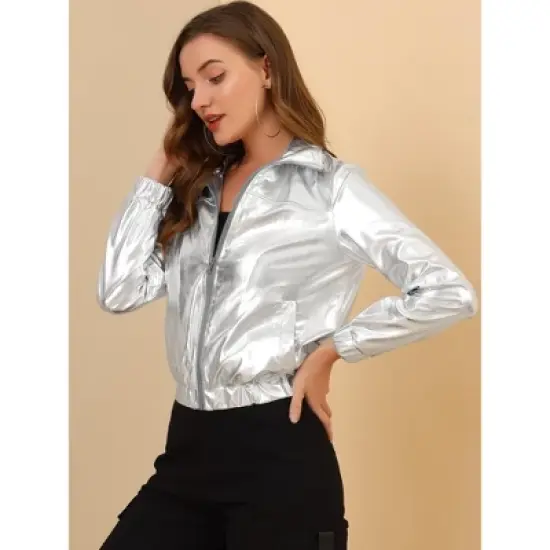 Allegra K Women's Track Holographic Shiny Long Sleeve Metallic Zip Front Jacket image {3}
