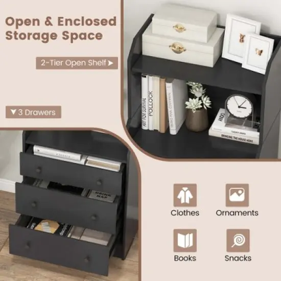 Costway 3-Drawer Dresser 44" Tall Wood Storage Organizer Chest with 2 Open Shelves Black/White/Walnut image {5}