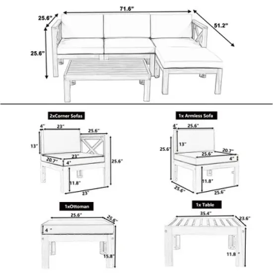 FIONECA Outdoor 5-Piece Wooden Sectional Sofa Set, Backyard Patio Seating Group with Cushions, Natural Wood Finish + Gray Cushions image {8}