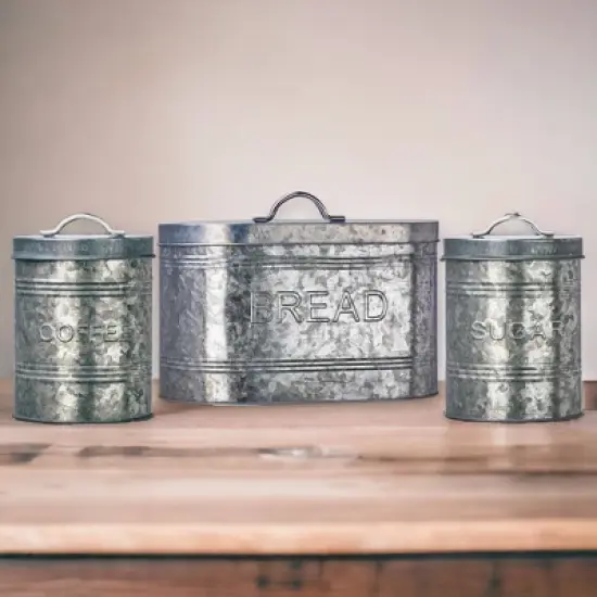 Amici Home Rustic Kitchen Coffee, Sugar, and Bread Relief Galvanized Metal Storage Canister, Food Safe, Set of 3, 76 & 288 Ounce image {4}