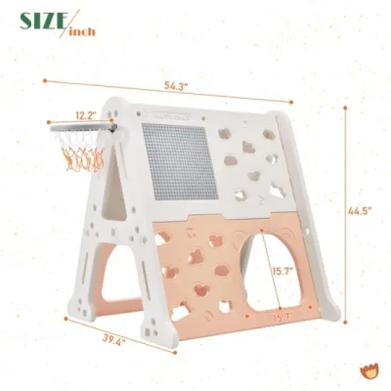 Triangle Climber with Slide,Toddlers Climber Slide for Age 1-3,7-in-1 A-Frame Climber Toddler Slide with Basketball Hoop and Art Drawing Board Pink image {2}