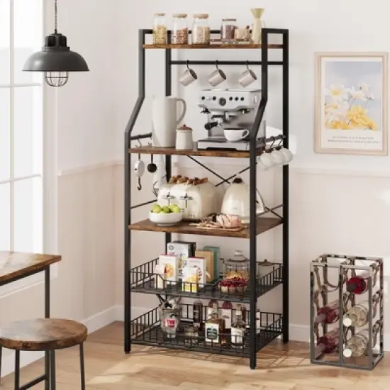 Kitchen Bakers Rack - Microwave Oven Stand with 2 Large Wire Baskets, 5-Tier Utility Storage Shelf & 8 Hooks for Spice, Pots Organizer, Rustic Brown image {2}