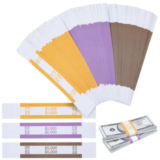 Paper Junkie 300-Pack Money Bands for Cash, Self-Adhesive Assorted Labels 1000, 2000, 5000, Bill Wrappers 3 ABA Standard Colors image {8}