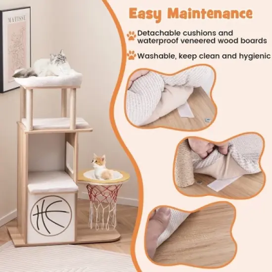 Tangkula 47" Wooden Cat Tree w/ 2-Story Cat Condo 2 Perches Basketball Hoop Hammock image {3}