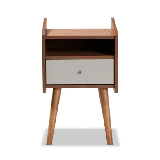 Elario Wood 1 Drawer Nightstand White/Walnut/Brown - Baxton Studio image {2}