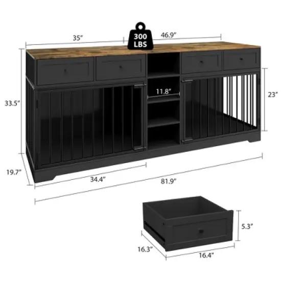 Whizmax 82&rdquo; Large Dog Crate with 4 Drawers and Shelves, Double Dog Crate Furniture TV Stand, Wooden Heavy Duty Dog Crate for Medium Large Dogs image {6}