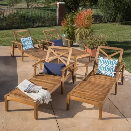 Perla 4pk Acacia Chaise Lounge - Teak - Christopher Knight Home: Outdoor Patio Furniture, Wheels, Water-Resistant image {1}