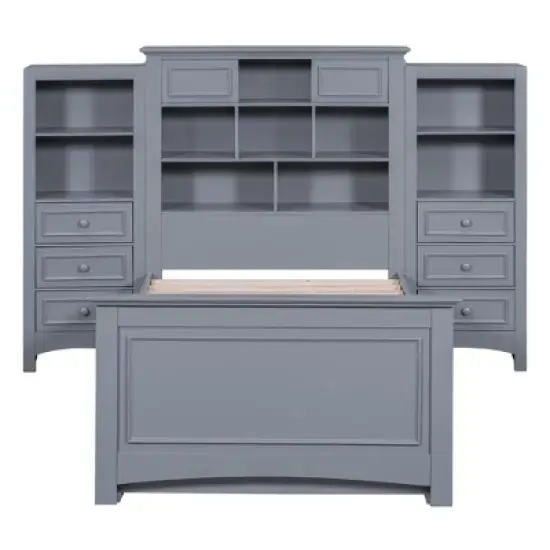 TIRAMISUBEST Twin Size Platform Bed with Vertical All-in-One Storage Headboard, Kids Bed Frame with Shelves and Drawers image {4}