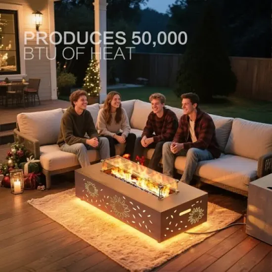 Evita 50,000 BTU Outdoor Fire Pit Table with LED Light, Propane Tank, Windshield, Glass Stone and Rain Cover-42*20*12 Inch image {2}