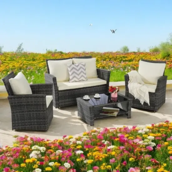 Mshliw 4-Piece Outdoor Patio Furniture Set, Garden Wicker Sofa with Tempered Glass Coffee Table, Poolside Lawn Chairs, Cushions, Modular Design image {15}