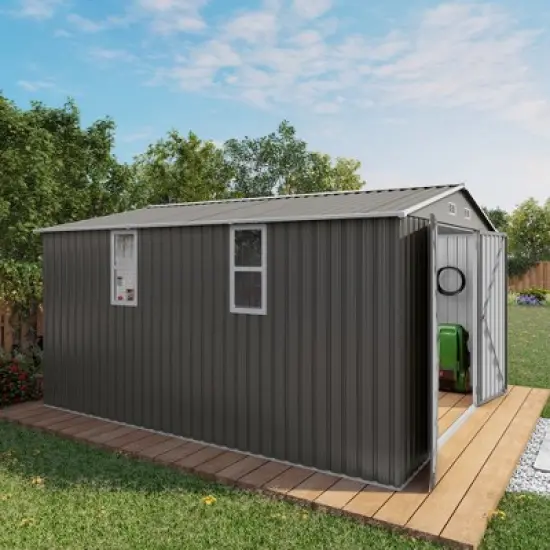 10x12FT Outdoor Storage Shed Large Metal Garden Shed with Double Door Two Window Waterproof Tool Shed for Backyard Patio Lawn Poolside ,Grey image {13}