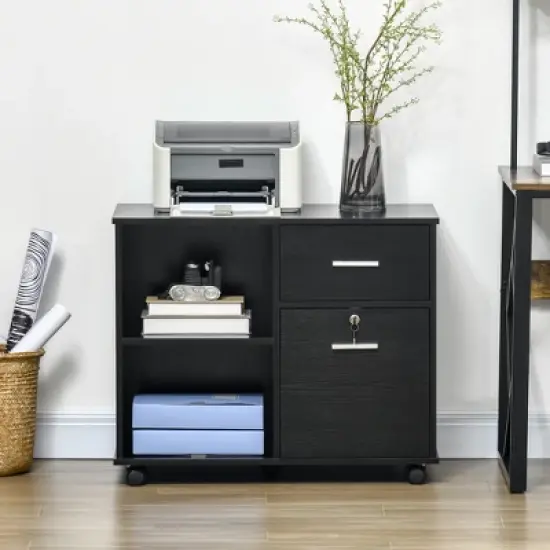 Vinsetto Lateral File Cabinet with Wheels, Mobile Printer Stand with Open Shelves and Drawers for A4 Size Documents, Black image {1}