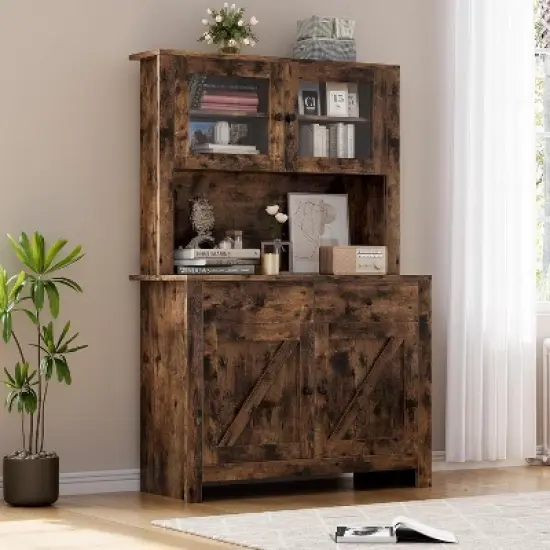 Farmhouse Pantry Cabinet, Kitchen Pantry Storage Cabinet with Microwave Stand, Rustic Buffet Sideboard with Sliding Door,for Dining Room image {8}