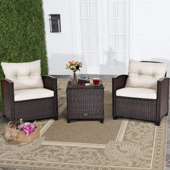 Costway 3PCS Patio Rattan Furniture Set Cushioned Conversation Set Sofa image {13}