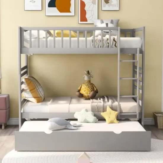 Twin Over Twin Wood Bunk Bed with Safety Rail and Movable Trundle-ModernLuxe image {1}