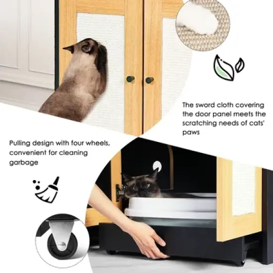 Lirago Black Double Litter Box Enclosure 47x19.8x23.6"-Hidden Furniture for 2 Cats with Rattan Doors image {3}
