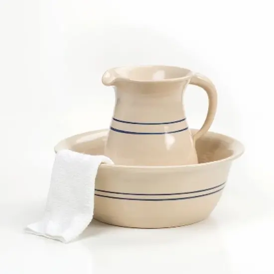 Martinez Pottery Heritage Blue Stripe Stoneware Wash Basin and Pitcher Set image {2}