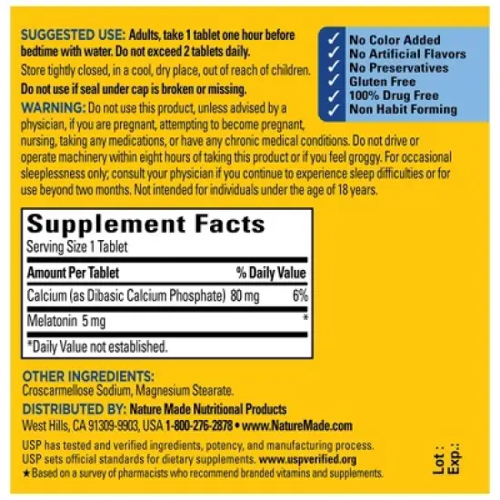 Nature Made Melatonin 5mg 100% Drug Free Sleep Aid for Adults Tablets - 90ct image {2}