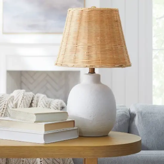 18.5"x11" Ceramic Table Lamp with Rattan Shade White - Threshold&trade; designed with Studio McGee: Nightstand Wicker Lighting image {2}