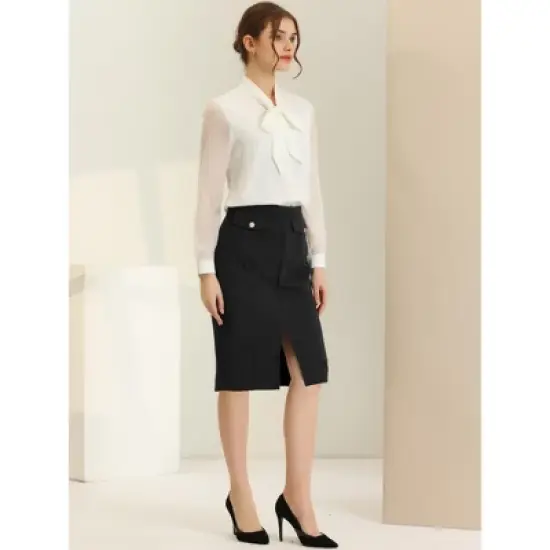 Allegra K Women's Belted Split Hem Knee Length Work Business Pencil Skirt image {1}