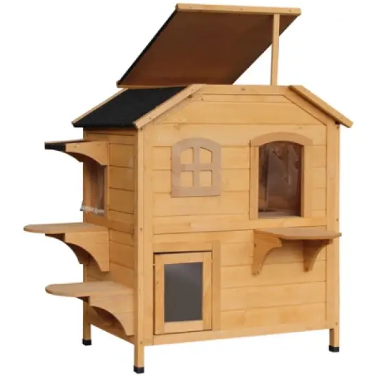 Gulches PawHut 2-story Cat House Outdoor, Weatherproof Wooden Cat Enclosure for Feral Cats, Natural image {7}