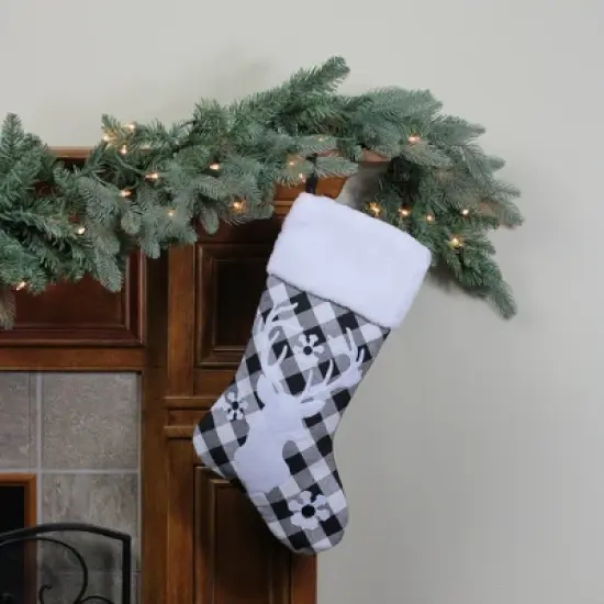 Northlight 20.5" Black and White Plaid Rustic Reindeer Snowflake Christmas Stocking image {1}