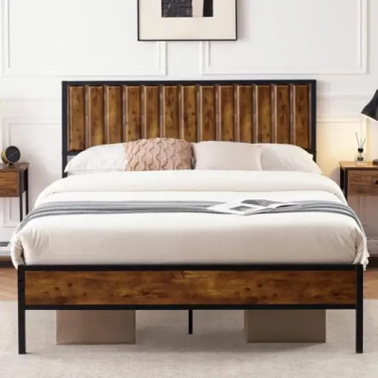 Bed Frame with Headboard Footboard Rustic Wood Farmhouse Platform Metal Wrought Rod Slat Bedframe, No Box Spring Needed, Easy Assembly image {2}
