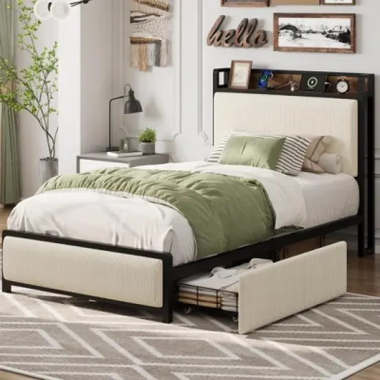 Twin Size Bed Frame with 2 Storage Drawers and Charging Station, Rustic Velvet Upholstered Platform Bedframe with Storage Headboard image {2}
