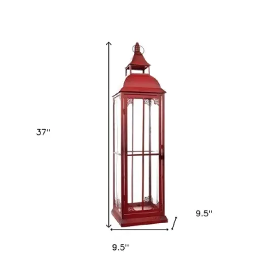 HomeRoots Set of Three Red Distressed Ornate Glass And Metal Floor Lantern Candle Holders image {2}