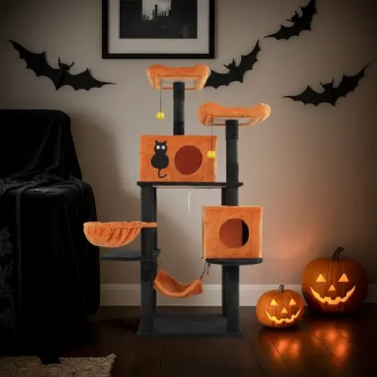 FURNIinspire Pet Tower Halloween Tall Cat Tree Cute Large Cat Tower Stand Multi-Level Cat Activities Furniture Indoor, Orange, 23.23"*17.27"*60.45" image {1}