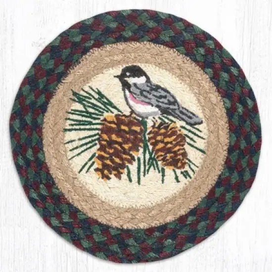 Earth Rugs Round Trivet &ndash; Chickadee Bird Print on Braided Jute, 10"x10", Rustic Nature-Inspired Design image {1}