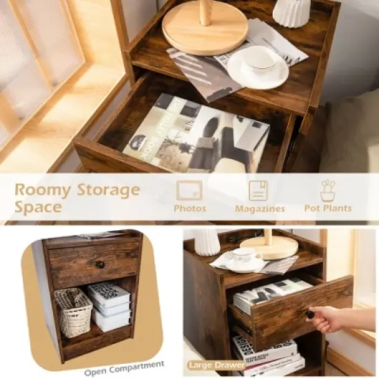 Costway Set of 2 Nightstand with Drawer Cabinet End Side Table Raised Top image {5}