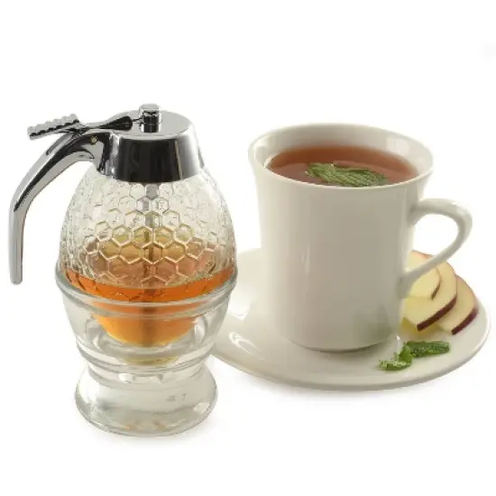Norpro Honey Dispenser 1 Cup: Glass Syrup Pitcher, 8 oz Capacity, Hand Wash, Silver & Clear Condiment Server image {1}