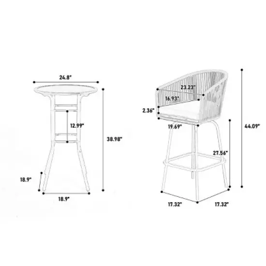 3 Piece Outdoor Patio Bistro Bar Set,Patio Round Bar Table and 2 Swivel Bar Stool Set with Cushion,Bar Height Metal Garden Dining Set-Coolbibila image {3}