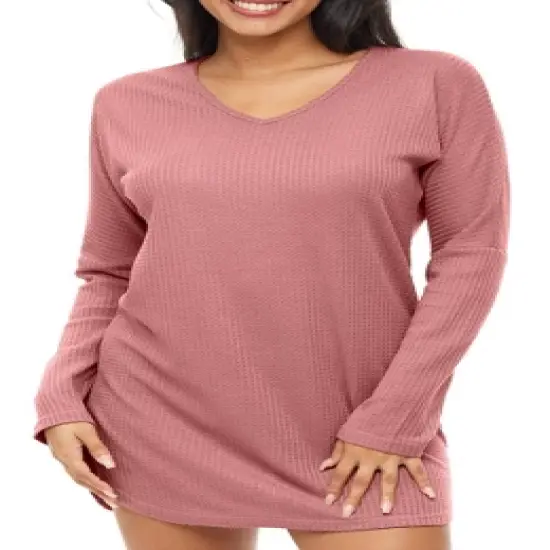 Women's Soft Ribbed Waffle Rib Knit Night Shirt, Oversized Sweater Top Sleep Shirt, Pajamas image {7}