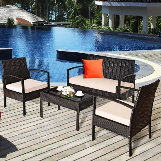 Costway 4PCS Patio Rattan Conversation Furniture Set Cushioned Seat Glass Table image {1}