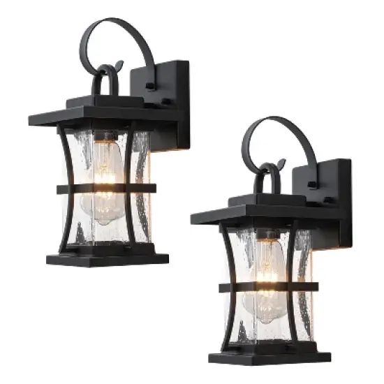 C Cattleya 2-Pack 13.25in. Matte Black Outdoor Wall Light Fixtures with Seeded Glass Shade image {6}