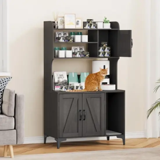 Hidden Cat Litter Box Furniture - Wooden Enclosure with Storage Shelves image {7}