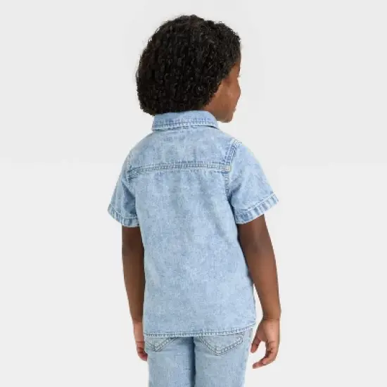 Toddler Boys' Short Sleeve Embroidered Denim Button-Up Shirt - Cat & Jack&trade; Medium Wash image {2}