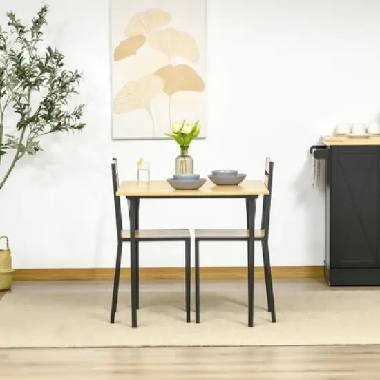 HOMCOM Industrial 3-Piece Dining Table Set, Square Kitchen Table with 2 Chairs for Dorms, Apartments, Studios, Bamboo Wood Grain image {4}