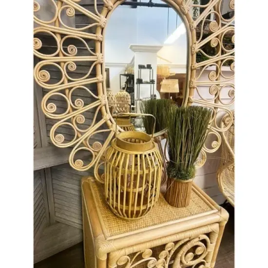 Essential Decor & Beyond 11.8" Natural Bamboo Glass Candle Holder Tabletop Lantern With Metal Handle image {2}