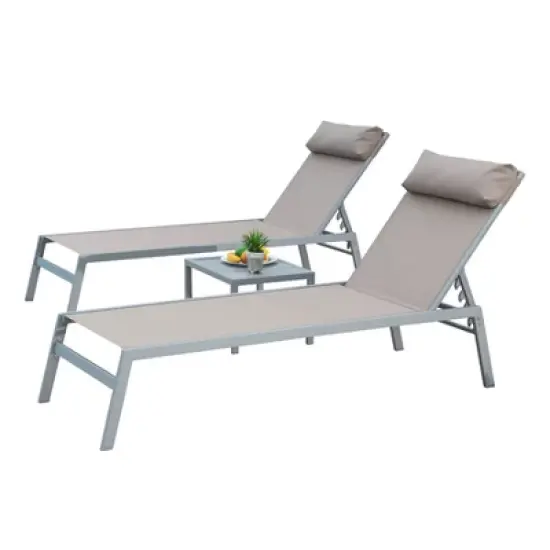 PAGED Outdoor Patio Chaise Lounge Chair, 3 Pieces Aluminum Adjustable Pool Lounge Chairs Textilene Sunbathing Recliner with Headrest, Grey image {7}